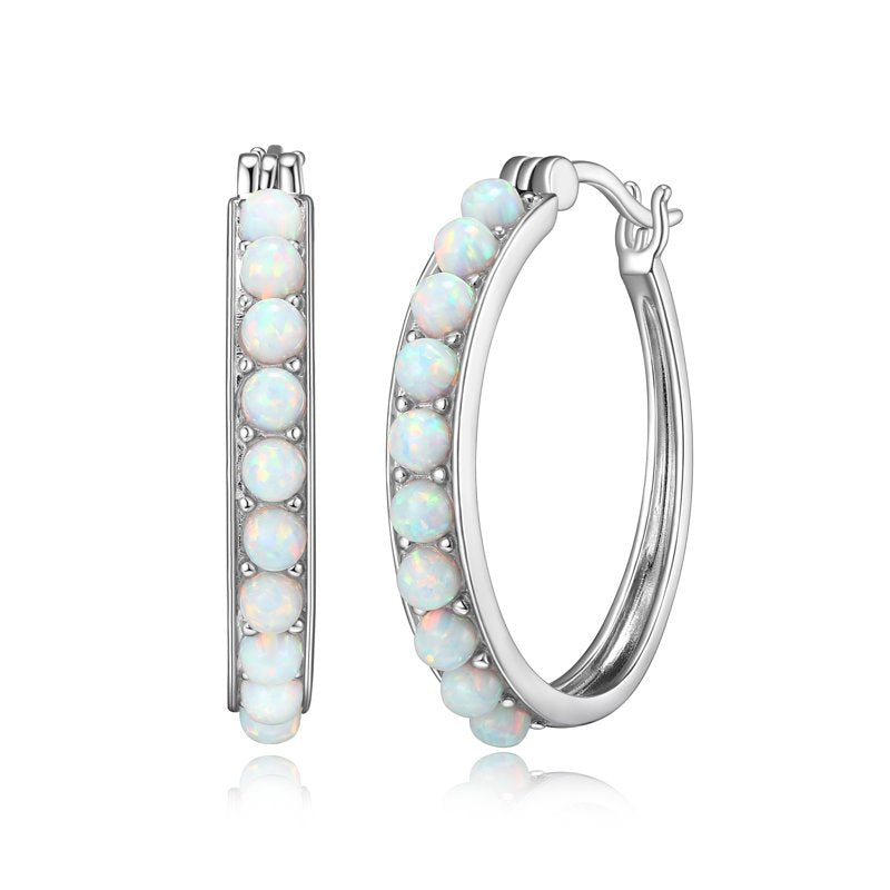 Women's Platinum Over Sterling Silver Created Opal Hoop Earrings 3x2mm