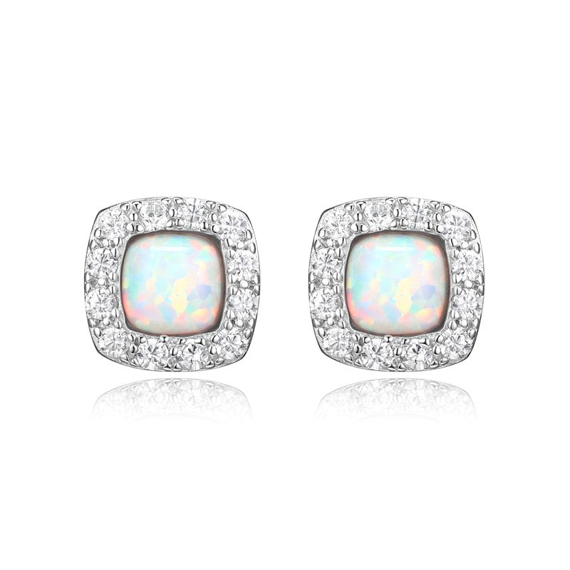 Women's Sterling Silver Created Opal and CZ Stud Earrings - Platinum Finish