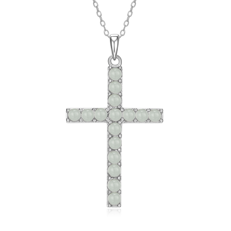 Genuine Jade Cross Necklace in Platinum Over Sterling Silver - Women's Jewelry