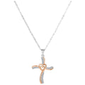 Diamond Heart Cross Pendant Necklace Sterling Silver 18K Rose Gold Overlay - 1.25 Inch