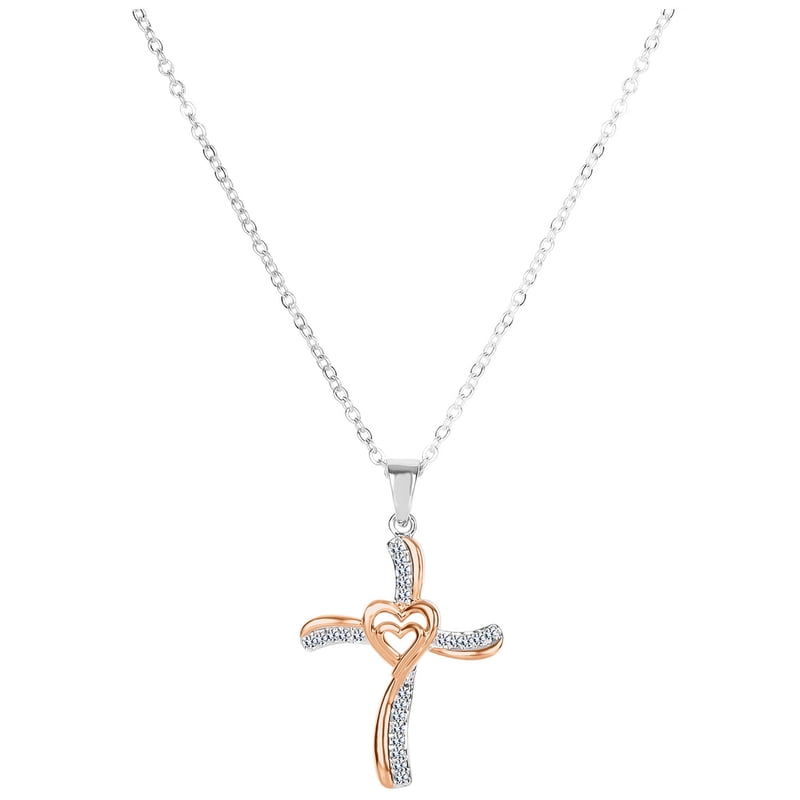 Diamond Heart Cross Pendant Necklace Sterling Silver 18K Rose Gold Overlay - 1.25 Inch
