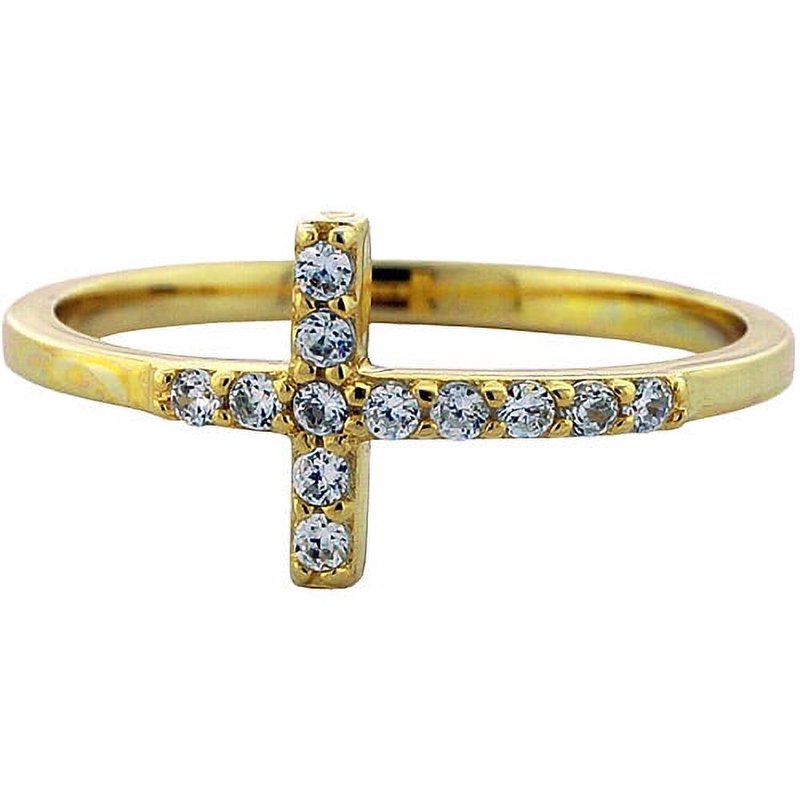 Gold Plated Sideways Cross Stack Ring with Cubic Zirconia - All Sizes