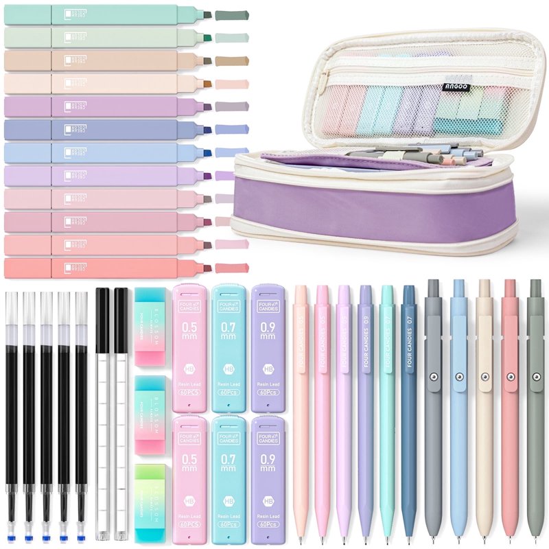 Four Candies 39-Piece Stationery Set with Purple Variation: 12 Pastel Highlighters, 6 Mechanical Pencils & 5 Gel Pens in Case