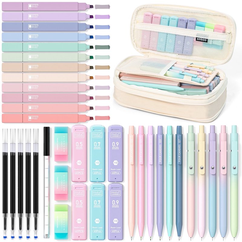 Four Candies Cream 39 PCS Cute Stationery Set with Pen Case – 5 Gel Pens, 12 Pastel Highlighters, 6 Mechanical Pencils
