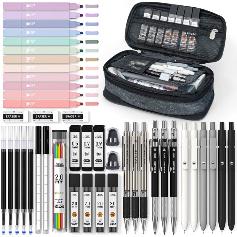 Four Candies 45-Piece Office Essentials Kit - Black Variation with Case, 6 Gel Pens, 6 Mechanical Pencils, 12 Highlighters