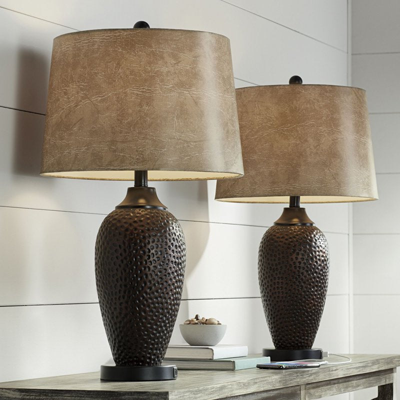 Set of 2 Rustic Industrial Table Lamps with USB Charging Ports - 25"