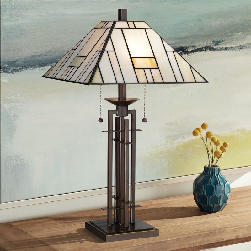 Tiffany Style Table Lamp 26.25" Bronze Wrought Iron Art Deco Bedroom Living Room
