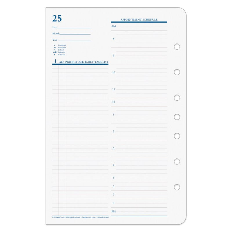 Undated Daily Planner Pages for FranklinCovey Classic Size - 31 Pages & Tab