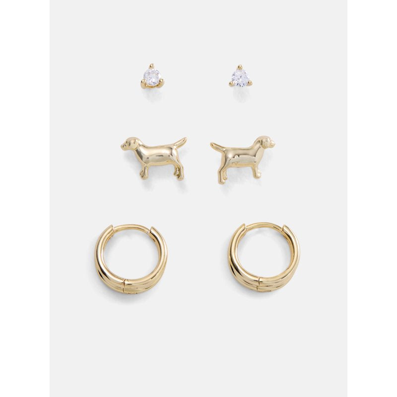Women's Cubic Zirconia Earring Set with Hoops and Dog Pendant - 3 Pairs