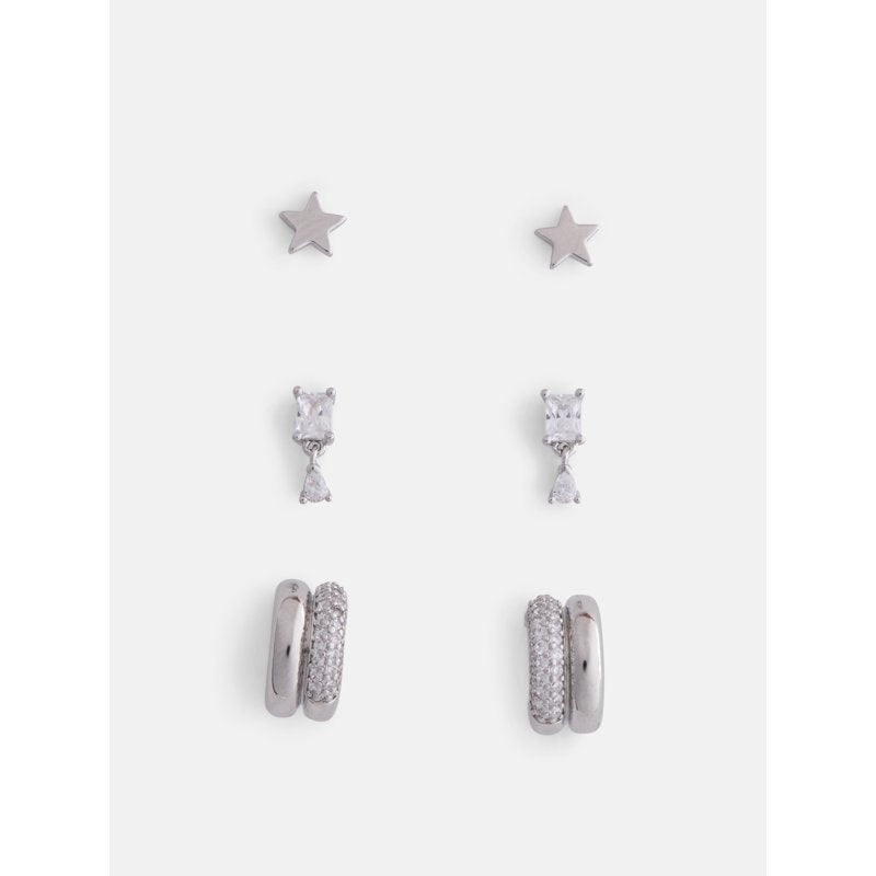 Women’s Silver Plated Cubic Zirconia Star Earring Set - 3 Pairs