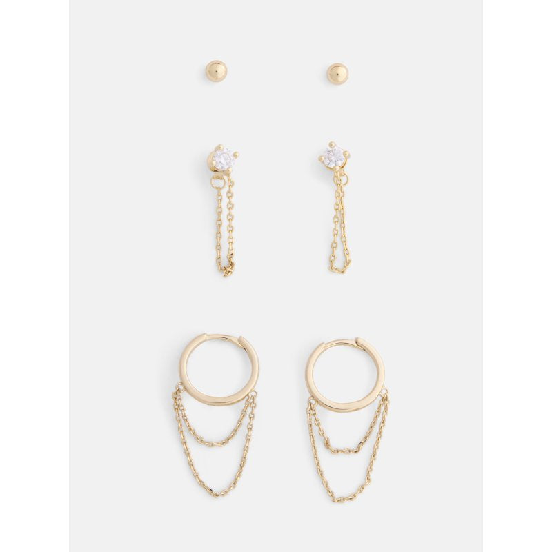 Women's Gold-Plated Cubic Zirconia Stud and Hoop Earrings Set - 3-Pair