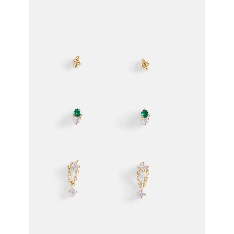 Women's 14K Gold Plated Cubic Zirconia Stud Earrings Set - 3 Pairs