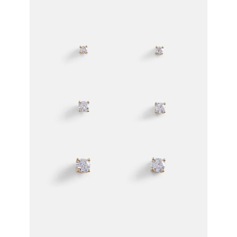 Women's Demi-Fine Gold and Silver Cubic Zirconia Stud Earring Set — 3 Pairs