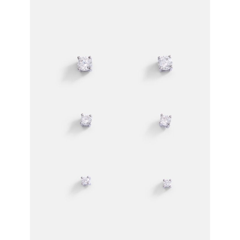 Silver Plated Cubic Zirconia Stud Earring Set for Women – 3 Pairs, Hypoallergenic