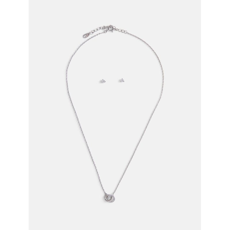 Silver Plated Double Circle Necklace & Cubic Zirconia Stud Earring Set for Women