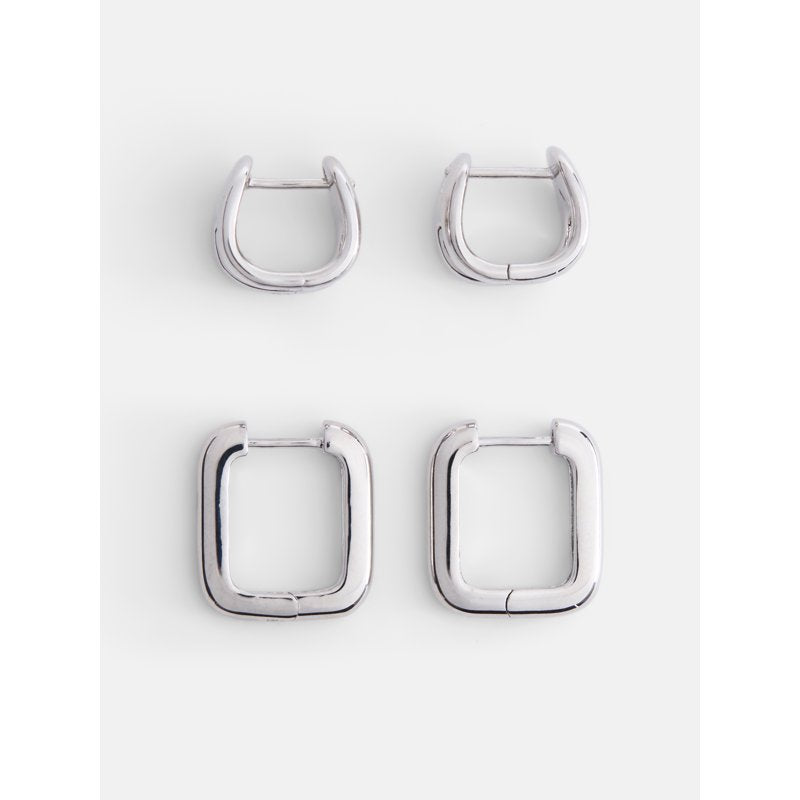 Silver-Plated Square Hoop Earrings Set for Women - 2 Pairs