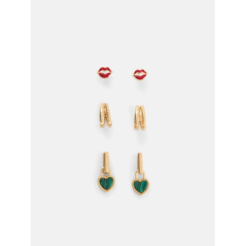 Women's Goldtone Lips Hearts and Hoop Earring Set - 3-Pair Jewelry Collection