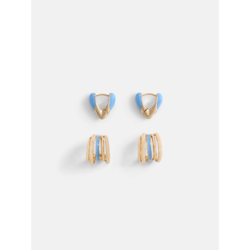 Goldtone Duo Hoop Earrings Set with Blue Enamel for Women – 2-Pair Jewelry Gift