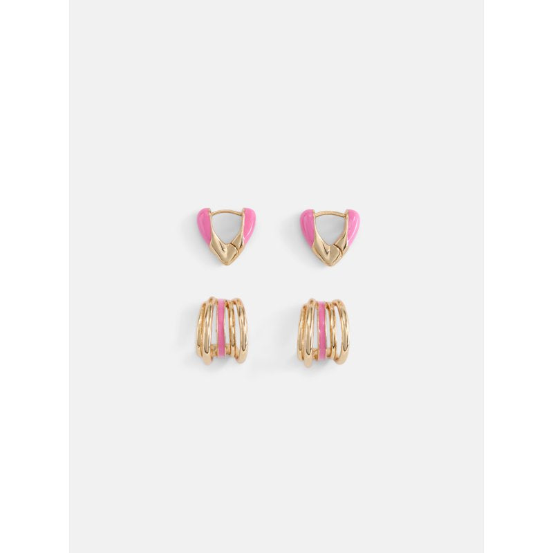 Women's Goldtone Duo Hoop Earrings Set with Pink Enamel - 2-Pair Jewelry