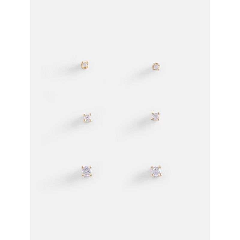 Women’s Gold-Plated Cubic Zirconia Stud Earring Set - 3 Pairs, Hypoallergenic