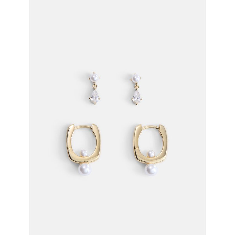 Women's 14K Gold Plated Cubic Zirconia Pearl Earring Set - Elegant 2-Pair Jewelry