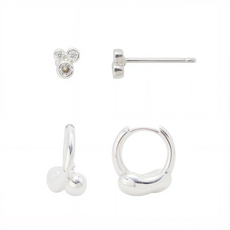 Women's Silver Plated Cubic Zirconia Hoop & Stud Earring Set - 2 Pairs