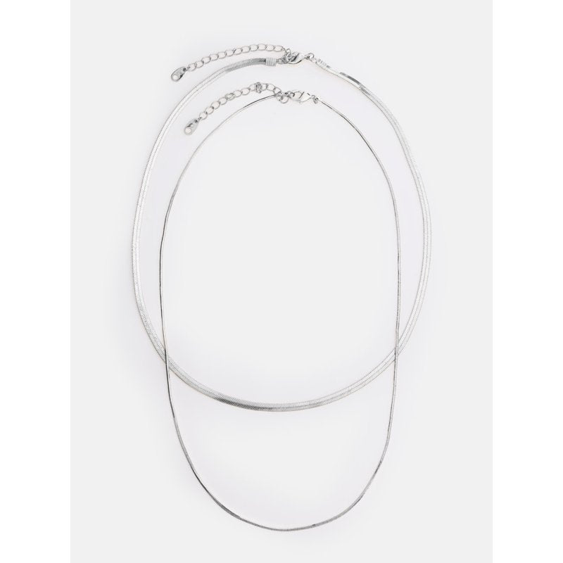 Women's Silver Plated Herringbone & Chain Bracelet Set - 2-Piece Layered Jewelry