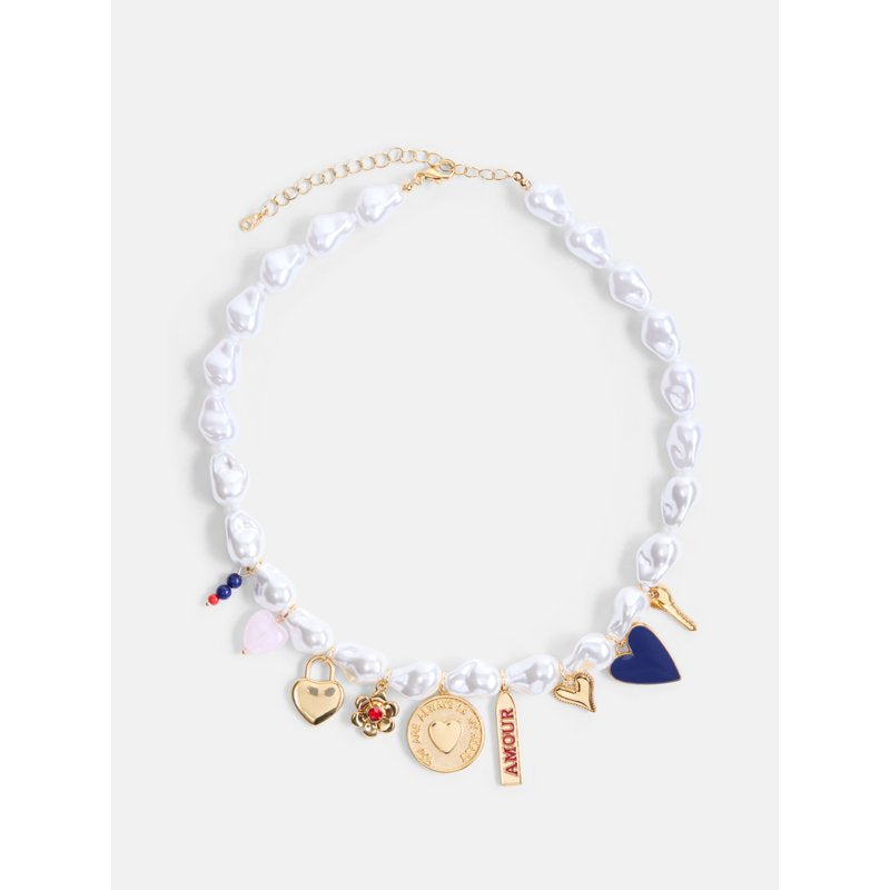 Faux Pearl Charm Necklace for Women 16-Inch with 3-Inch Extender