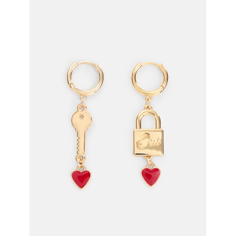 Goldtone Hoop Earrings with Lock and Key Charms for Women