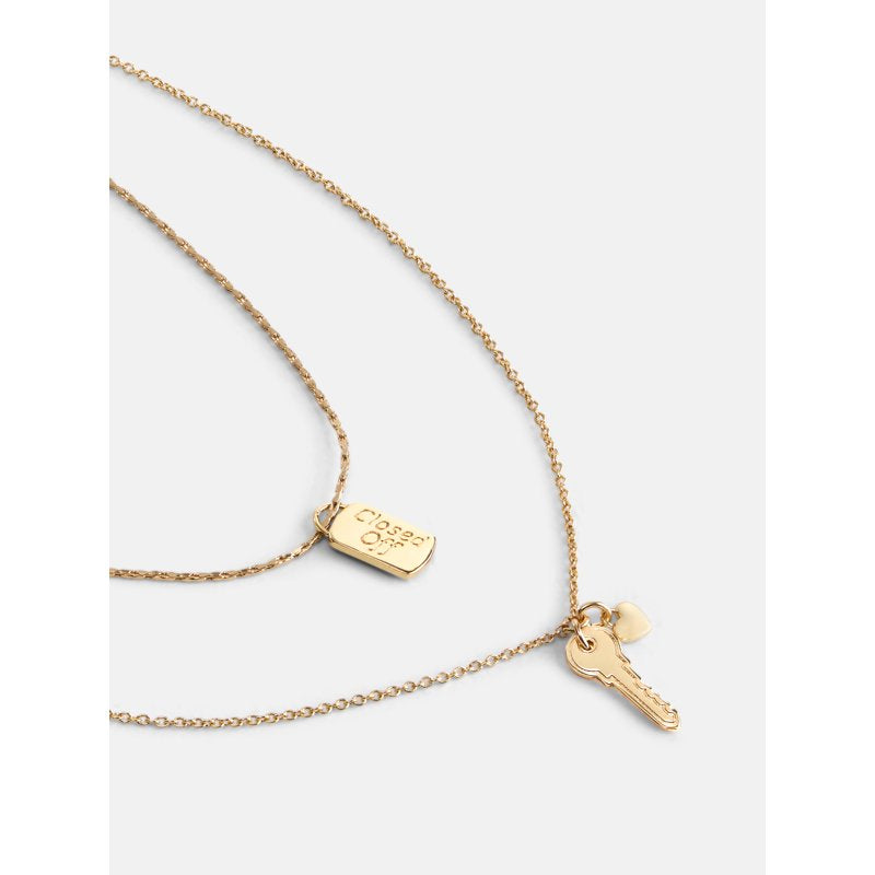 Gold-Tone Layered Necklace with Key, Heart & Reversible Tag Charms for Women