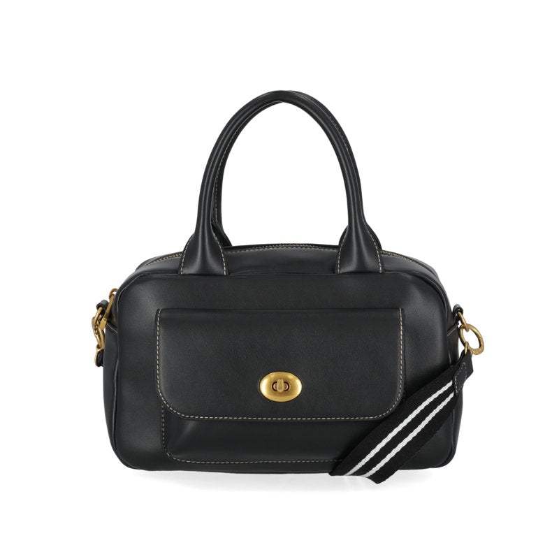 Women's Faux Leather Satchel Handbag with Removable Crossbody Strap - Black/Navy