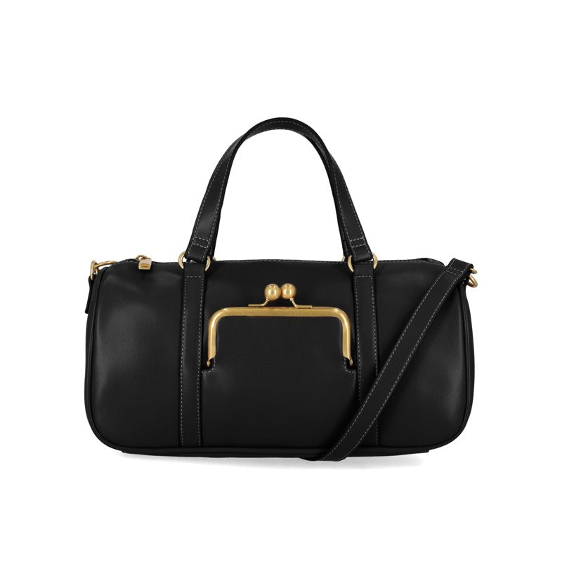 Women's Faux Leather Satchel Handbag with Kiss-Lock Pocket - Black