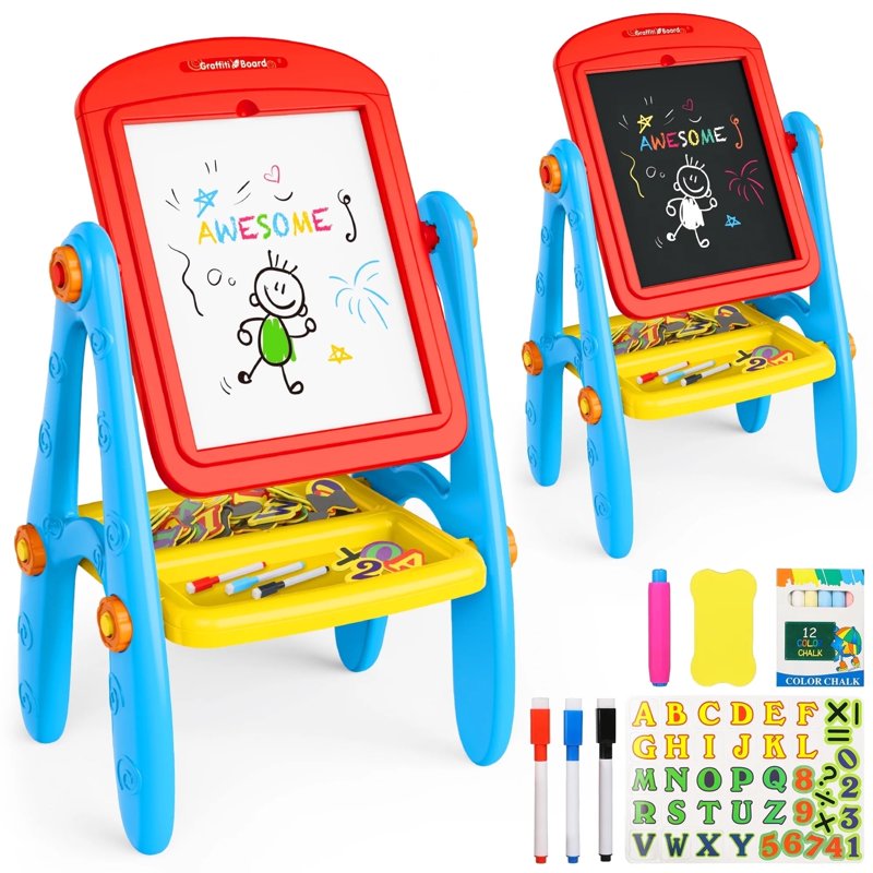 Double-Sided Kids Art Easel with Magnetic Whiteboard & Chalkboard – Educational Gift for Ages 2-6