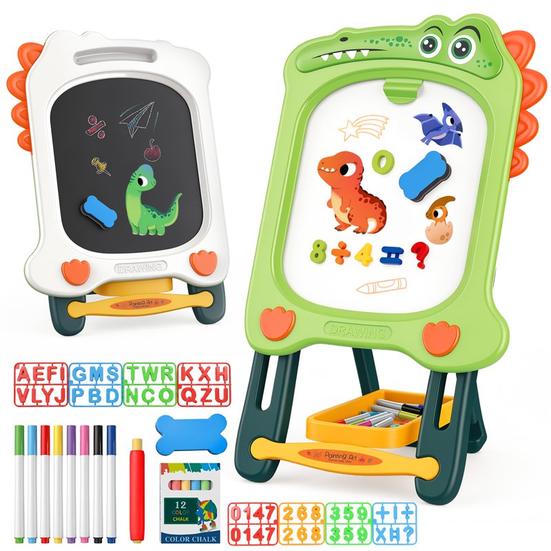 Kids Double-Sided Magnetic Whiteboard & Chalkboard Easel with Storage Tray - Dinosaur Design