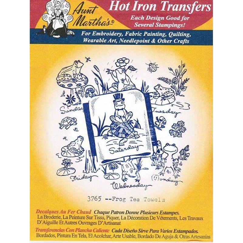 Frog Tea Towels with Iron-On Embroidery Transfers for Crafts - Single