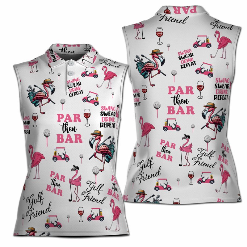 Variation S: Funny Flamingo Golfer Par Then Bar Women Sleeveless Polo