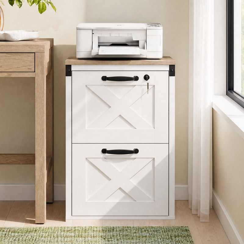 2-Drawer File Cabinet with Lock and Key, Farmhouse Style, White