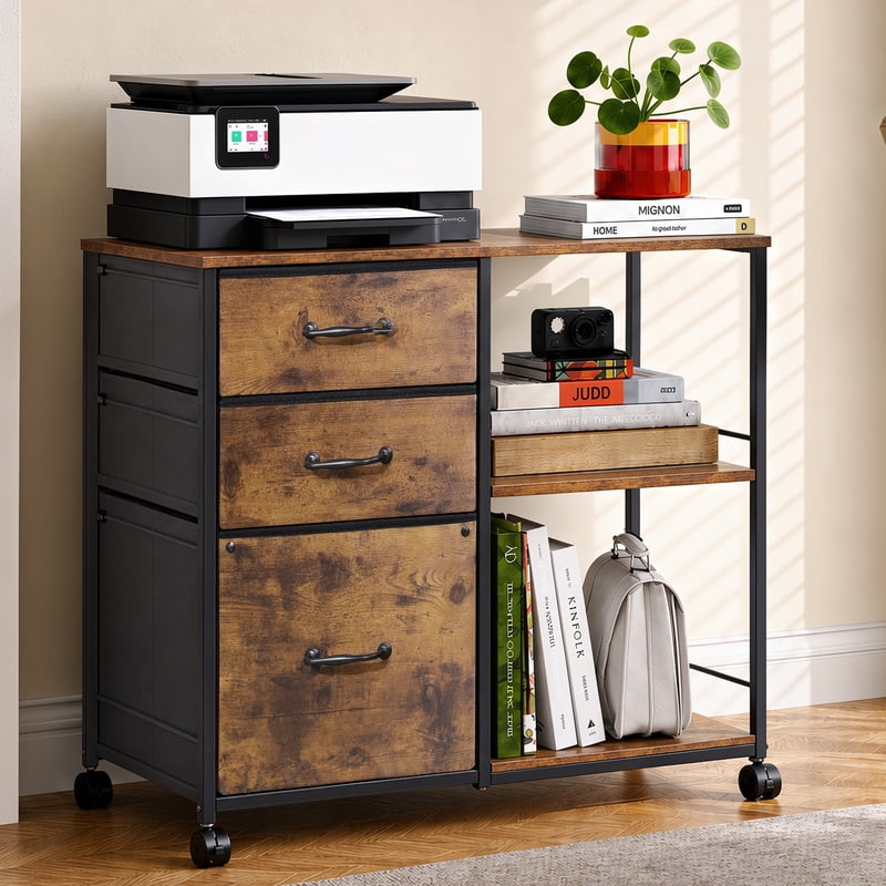 3-Drawer File Cabinet with Rolling Storage & Side Shelf for Home Office