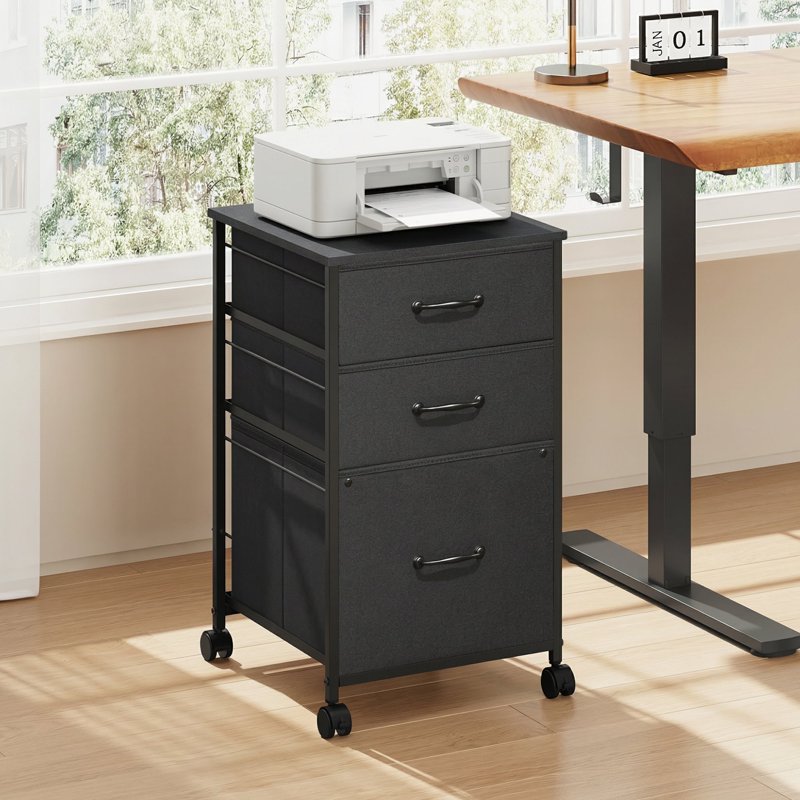 3-Drawer Mobile File Cabinet with Fabric Organizers and Wood Grain Top - Black
