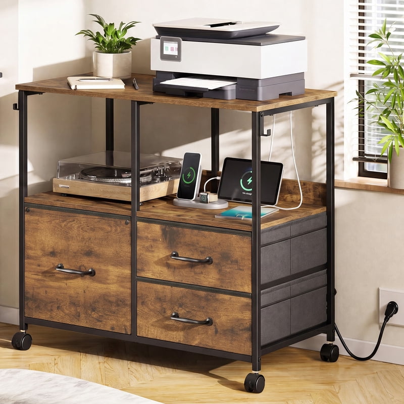 3 Drawer File Cabinet with Charging Station and Storage Shelves for Home Office
