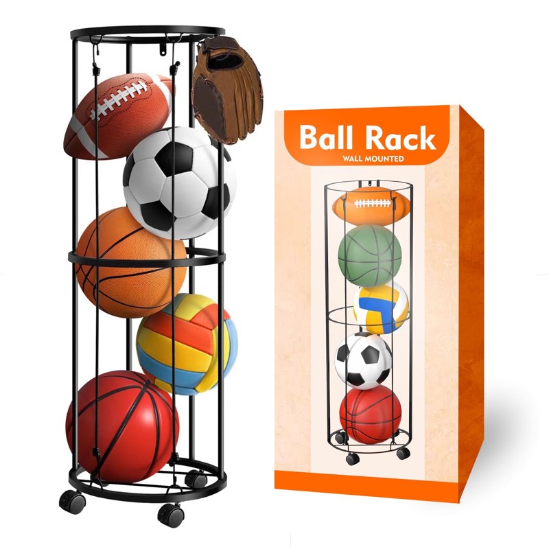 Vertical Ball Storage Rack with Wheels for Basketball Volleyball Soccer Balls
