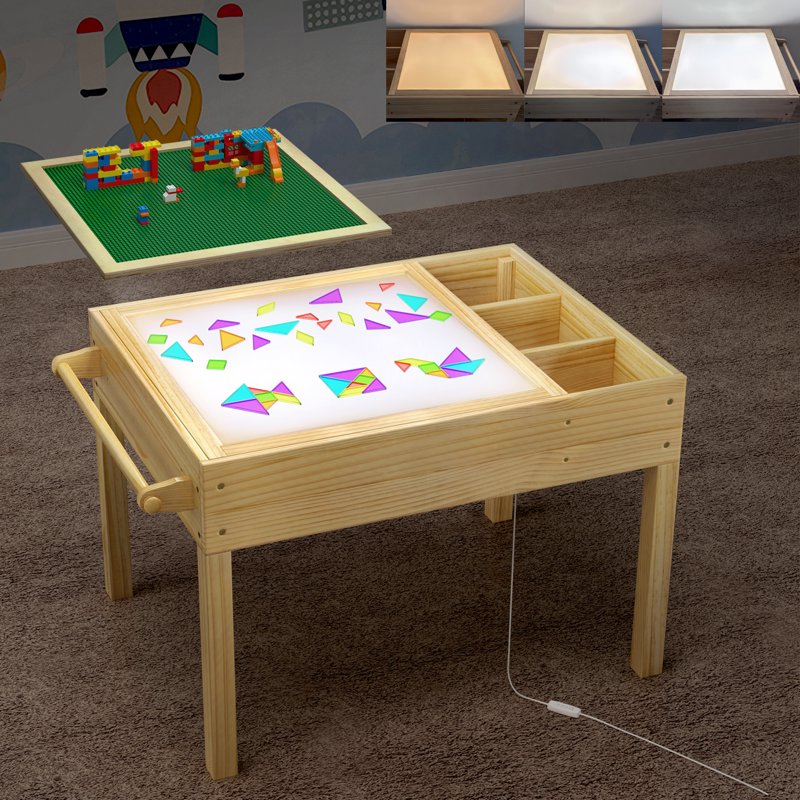 3-in-1 Kids Activity Table with LED Light, Building & Art Station, Storage