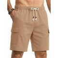 Men's Linen Cargo Shorts Elastic Waist Drawstring Summer Beach Pants with Pockets