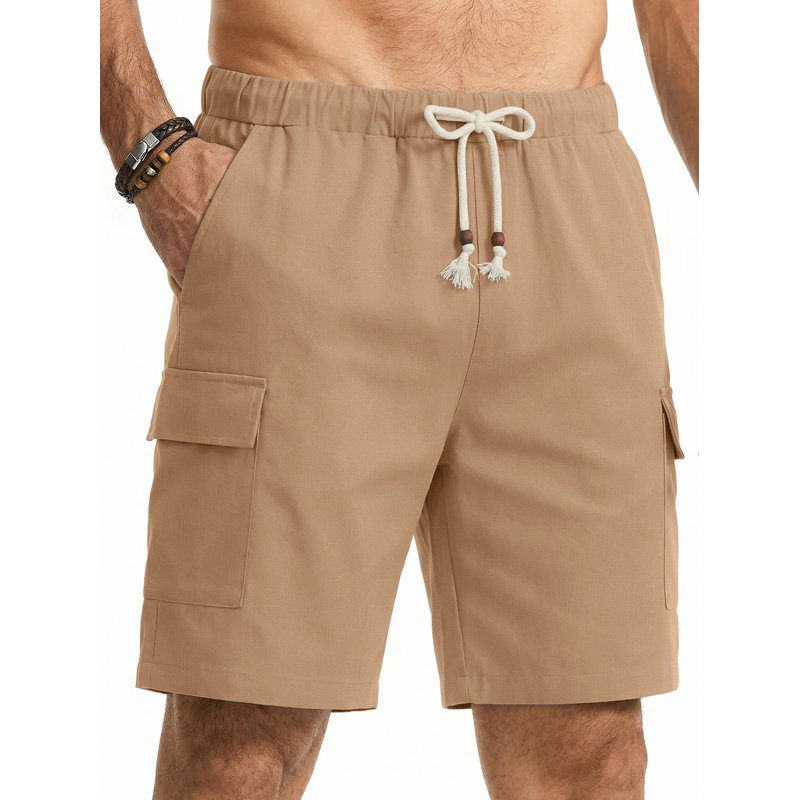 Men's Linen Cargo Shorts Elastic Waist Drawstring Summer Beach Pants with Pockets