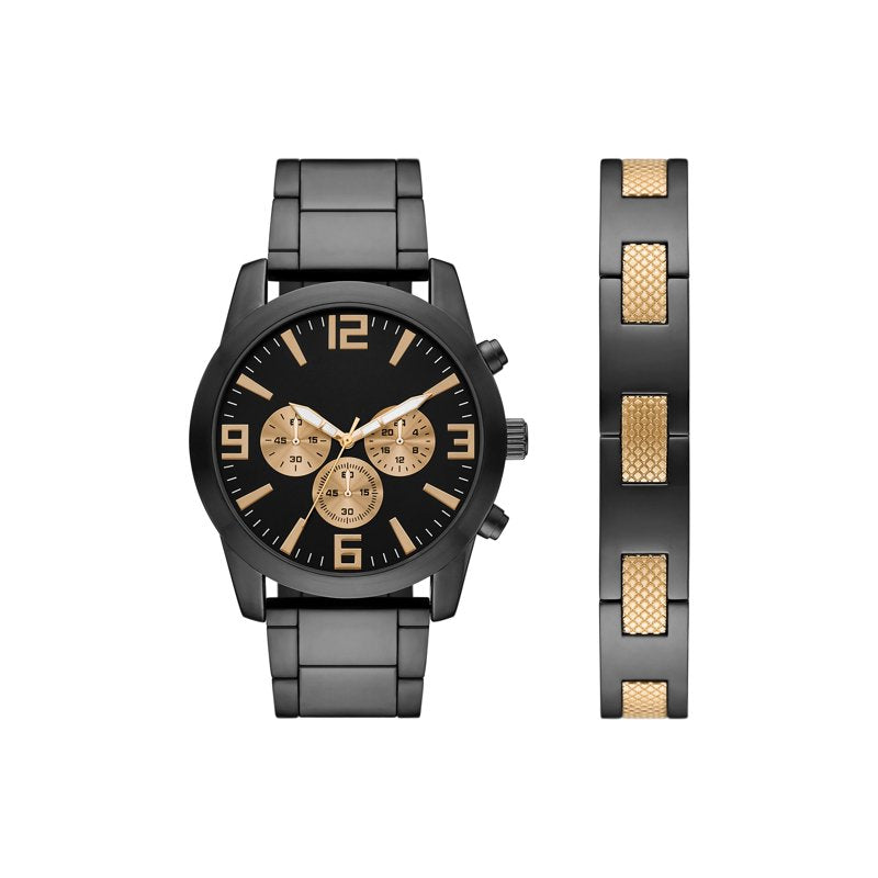 Men's Two-Tone Black and Gold Watch and Bracelet Set - Quartz, 46mm