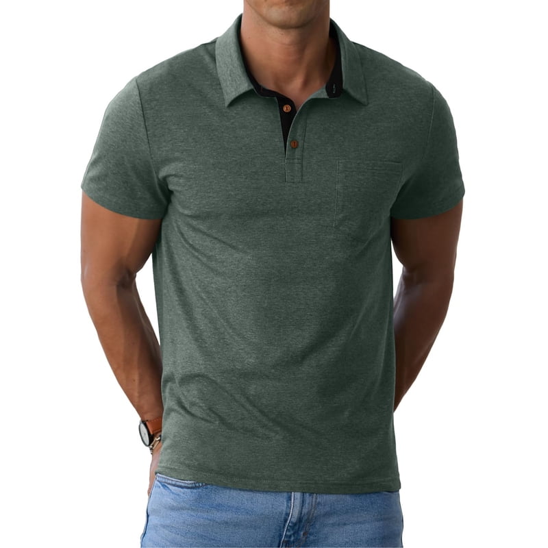 Men's Casual Polo Shirts - Short Sleeve Cotton Classic Collared Shirt with Pocket