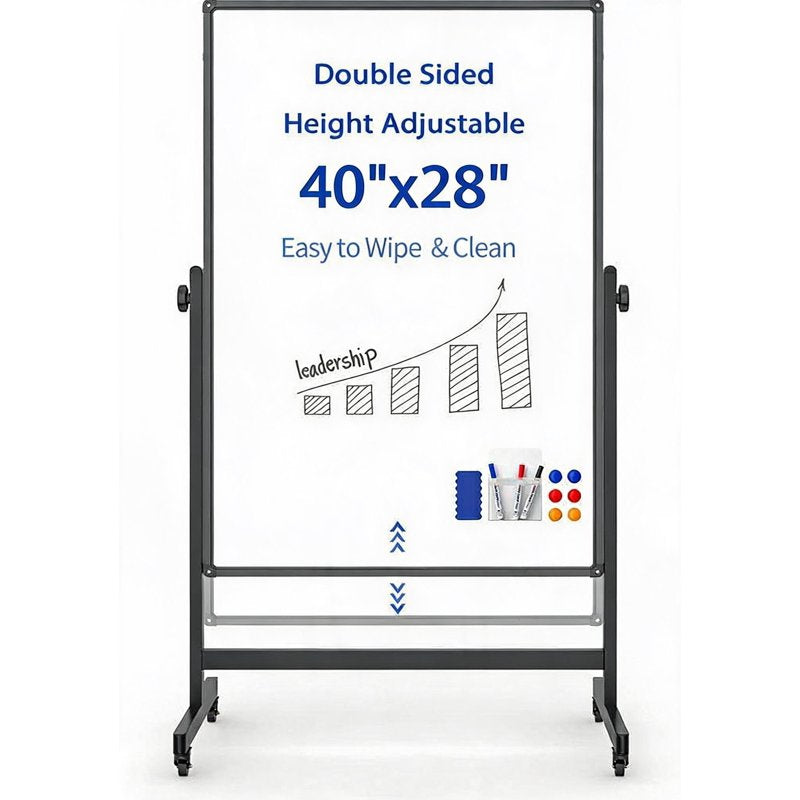 Double-Sided Magnetic Whiteboard on Wheels - Adjustable Height, Reversible Surface for Office & Home