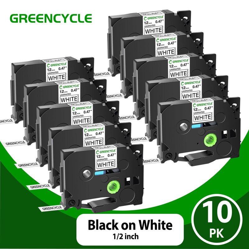 Label Maker Tape Compatible with Brother TZe-231 - Black on White Laminated Labels, 10 Pack