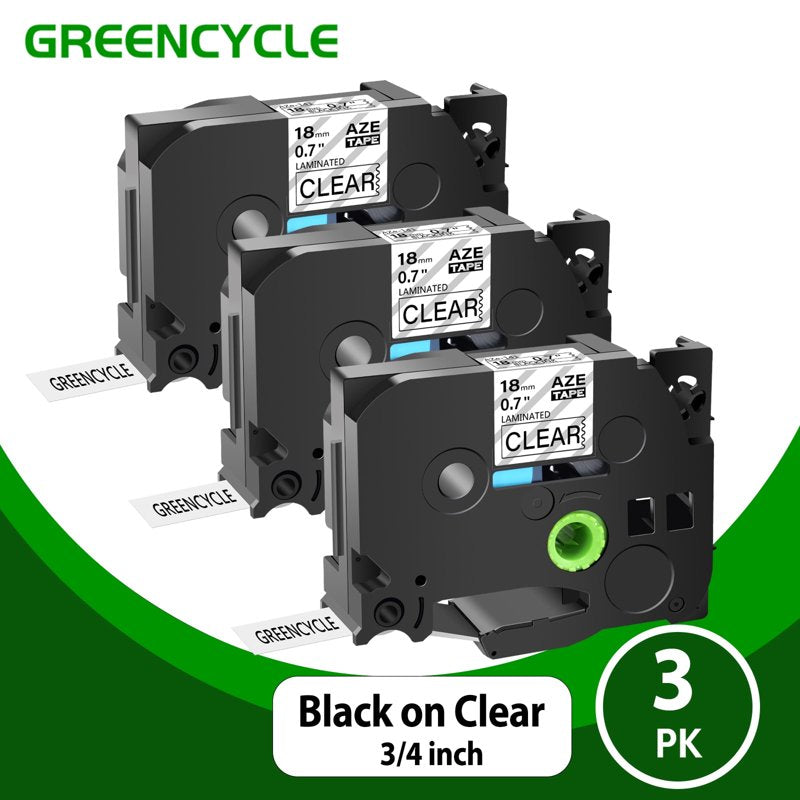 Laminated Label Tape for Brother P-Touch - Black on Clear, 18mm, 3 Pack