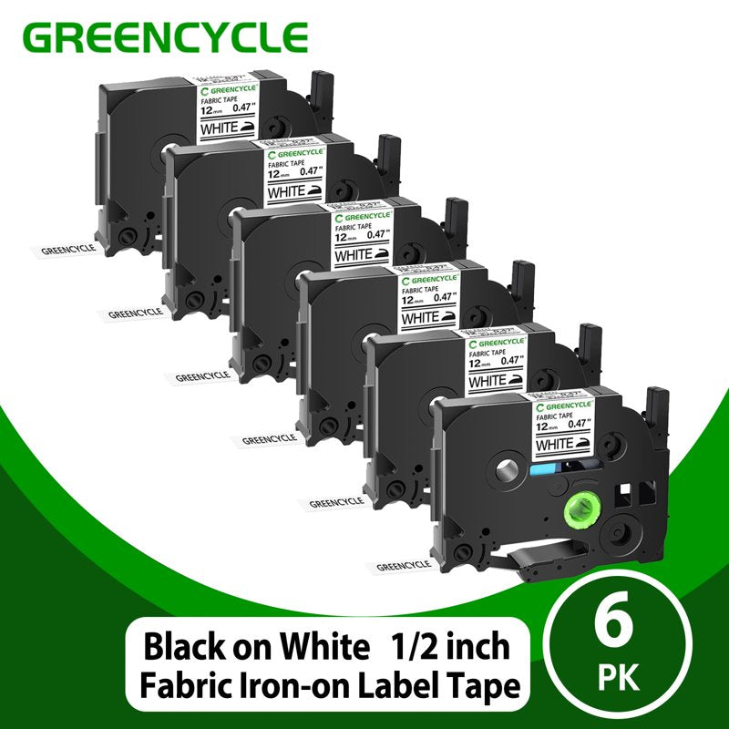 6 Pack Fabric Iron-On Label Tapes for Brother P-Touch - 12mm x 3m, Black on White